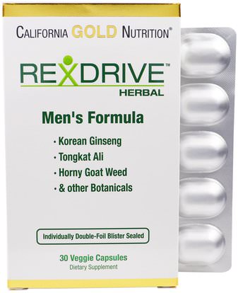 California Gold Nutrition, CGN, Rexdrive Herbal, Mens Formula, 30 Veggie Caps ,الفيتامينات، الرجال الفيتامينات، الرجال ريكسدريف كغن