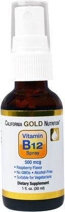 California Gold Nutrition, CGN, Vitamin B12 Spray, Alcohol Free, Raspberry, 500 mcg, 1 fl oz (30 ml) ,الفيتامينات، فيتامين b12