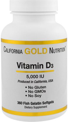 California Gold Nutrition, CGN, Vitamin D3, 5,000 IU, 360 Fish Gelatin Softgels ,الفيتامينات، فيتامين d3