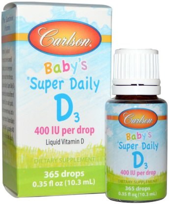 Carlson Labs, Babys Super Daily D3, 400 IU, 0.35 fl oz (10.3 ml) ,الفيتامينات، فيتامين d3، فيتامين d3 السائل، صحة الطفل، الطفل، الرضع المكملات الغذائية