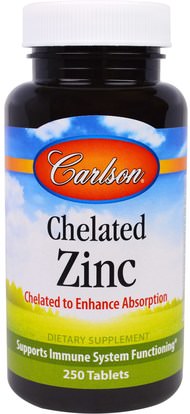 Carlson Labs, Chelated Zinc, 250 Tablets ,المكملات الغذائية، المعادن، الزنك