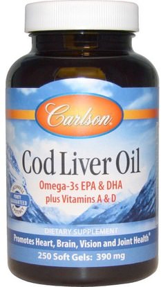 Carlson Labs, Cod Liver Oil, 390 mg, 250 Soft Gels ,المكملات الغذائية، إيفا أوميجا 3 6 9 (إيبا دا)، زيت السمك، سوفتغيلس زيت كبد سمك القد
