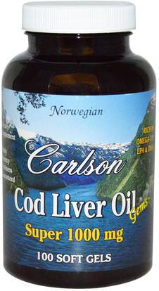 Carlson Labs, Cod Liver Oil Gems, 1000 mg, 100 Soft Gels ,المكملات الغذائية، إيفا أوميجا 3 6 9 (إيبا دا)، زيت السمك، سوفتغيلس زيت كبد سمك القد
