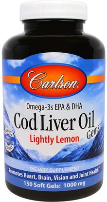 Carlson Labs, Cod Liver Oil Gems, Lightly Lemon, 1000 mg, 150 Soft Gels ,المكملات الغذائية، إيفا أوميجا 3 6 9 (إيبا دا)، زيت السمك