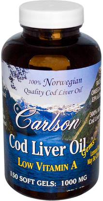 Carlson Labs, Cod Liver Oil Gems, Low Vitamin A, Natural Lemon Flavor, 1,000 mg, 150 Soft Gels ,المكملات الغذائية، إيفا أوميجا 3 6 9 (إيبا دا)، زيت السمك، سوفتغيلس زيت كبد سمك القد