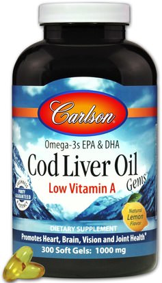 Carlson Labs, Cod Liver Oil Gems, Low Vitamin A, Natural Lemon Flavor, 1,000 mg, 300 Soft Gels ,المكملات الغذائية، إيفا أوميجا 3 6 9 (إيبا دا)، زيت السمك، سوفتغيلس زيت كبد سمك القد
