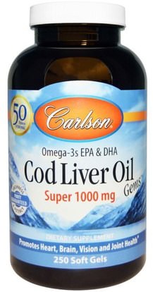 Carlson Labs, Cod Liver Oil Gems, Super, 1000 mg, 250 Soft Gels ,المكملات الغذائية، إيفا أوميجا 3 6 9 (إيبا دا)، زيت السمك، سوفتغيلس زيت كبد سمك القد