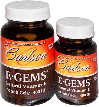 Carlson Labs, E-Gems, Natural Vitamin E, 400 IU, 2 Bottles, 90 Softgels + 44 Soft Gels ,الفيتامينات، فيتامين e
