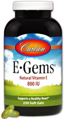 Carlson Labs, E-Gems, Natural Vitamin E, 800 IU, 250 Softgels ,الفيتامينات، فيتامين e، 100٪ فيتامين ه الطبيعي