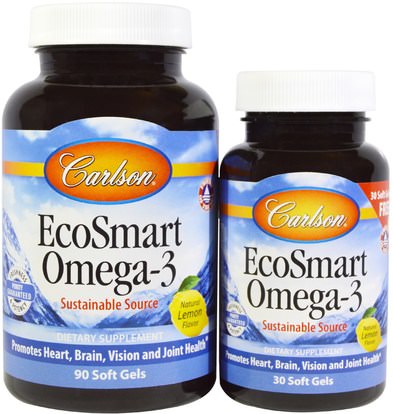 Carlson Labs, EcoSmart Omega-3, Natural Lemon Flavor, 90 Soft Gels + Free 30 Soft Gels ,المكملات الغذائية، إيفا أوميجا 3 6 9 (إيبا دا)، أوميغا 369 قبعات / علامات التبويب