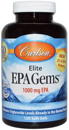 Carlson Labs, Elite EPA Gems, 1000 mg, 120 Soft Gels ,المكملات الغذائية، إيفا أوميجا 3 6 9 (إيبا دا)، إيبا، فيش أويل