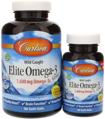 Carlson Labs, Elite Omega-3 Gems, Natural Lemon, 1,600 mg, 90 Soft Gels + 30 Soft Gels Free ,المكملات الغذائية، إيفا أوميجا 3 6 9 (إيبا دا)، زيت السمك