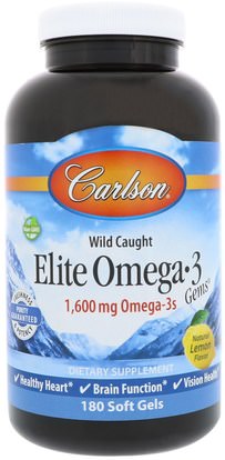 Carlson Labs, Elite Omega-3 Gems, Natural Lemon Flavor, 180 Soft Gels ,المكملات الغذائية، إيفا أوميجا 3 6 9 (إيبا دا)، زيت السمك، سوفتغيلس زيت السمك