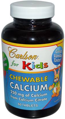 Carlson Labs, Kids Chewable Calcium, Vanilla, 60 Tablets ,والمكملات الغذائية، والمعادن، والكالسيوم، والكالسيوم مضغ، صحة الأطفال والمكملات الأطفال