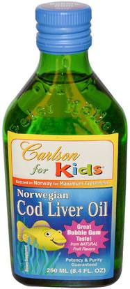 Carlson Labs, Kids, Norwegian Cod Liver Oil, Bubble Gum, 8.4 fl oz (250 ml) ,المكملات الغذائية، إيفا أوميجا 3 6 9 (إيبا دا)، زيت السمك، كبد سمك القد كبد النفط