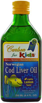Carlson Labs, Kids, Norwegian Cod Liver Oil, Natural Lemon Flavor, 8.4 fl oz (250 ml) ,المكملات الغذائية، إيفا أوميجا 3 6 9 (إيبا دا)، زيت السمك، زيت كبد سمك القد