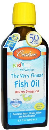 Carlson Labs, Kids, The Very Finest Fish Oil, Natural Lemon Flavor, 6.7 fl oz (200 ml) ,المكملات الغذائية، إيفا أوميجا 3 6 9 (إيبا دا)، زيت السمك، زيت السمك السائل