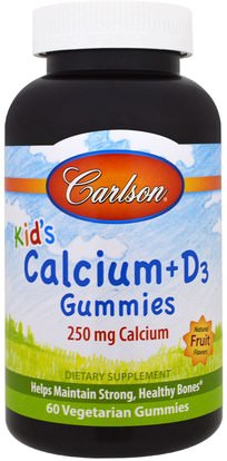 Carlson Labs, Kids Calcium + D3 Gummies, Natural Fruit Flavors, 250 mg, 60 Vegetarian Gummies ,والمكملات الغذائية، والمعادن، والكالسيوم، والكالسيوم مضغ، صحة الأطفال والمكملات الأطفال