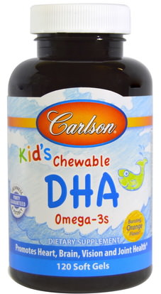 Carlson Labs, Kids Chewable DHA, Bursting Orange Flavor, 120 Soft Gels ,المكملات الغذائية، إيفا أوميجا 3 6 9 (إيبا دا)، دا، فيش أويل
