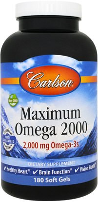 Carlson Labs, Maximum Omega 2000, 2,000 mg, 180 Softgels ,المكملات الغذائية، إيفا أوميجا 3 6 9 (إيبا دا)، زيت السمك