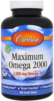Carlson Labs, Maximum Omega 2000, 2,000 mg, 90 Softgels ,المكملات الغذائية، إيفا أوميجا 3 6 9 (إيبا دا)، زيت السمك