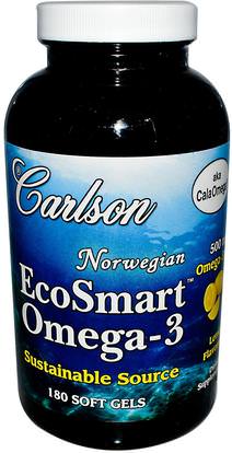 Carlson Labs, Norwegian EcoSmart Omega-3, Natural Lemon Flavor, 500 mg, 180 Softgels ,المكملات الغذائية، إيفا أوميجا 3 6 9 (إيبا دا)، زيت السمك، سوفتغيلس زيت السمك