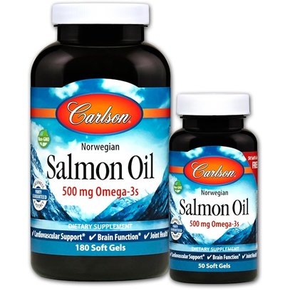 Carlson Labs, Norwegian Salmon Oil, 1,000 mg, 180 + 50 Free Soft Gels ,المكملات الغذائية، إيفا أوميجا 3 6 9 (إيبا دا)، زيت السمك، زيت السلمون