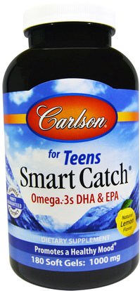 Carlson Labs, Smart Catch, Natural Lemon Flavor, 180 Soft Gels ,المكملات الغذائية، إيفا أوميجا 3 6 9 (إيبا دا)، دا، إيبا