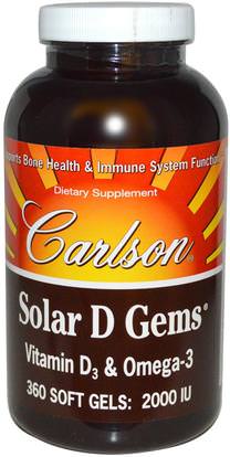 Carlson Labs, Solar D Gems, Natural Lemon Flavor, 2,000 IU, 360 Soft Gels ,المكملات الغذائية، إيفا أوميجا 3 6 9 (إيبا دا)، الفيتامينات