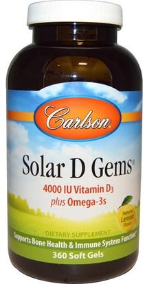 Carlson Labs, Solar D Gems, Natural Lemon Flavor, 4000 IU, 360 Soft Gels ,الفيتامينات، فيتامين d3