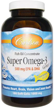 Carlson Labs, Super Omega-3 Gems, Fish Oil Concentrate, 1,000 mg, 180 Soft Gels ,المكملات الغذائية، إيفا أوميجا 3 6 9 (إيبا دا)، دا، إيبا، سوفتغيلس زيت السمك