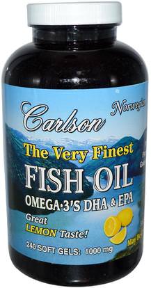 Carlson Labs, The Very Finest Fish Oil, 1000 mg, Lemon, 240 Soft Gels ,المكملات الغذائية، إيفا أوميجا 3 6 9 (إيبا دا)، زيت السمك، سوفتغيلس زيت السمك