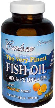 Carlson Labs, The Very Finest Fish Oil, Natural Orange, 1,000 mg, 120 Soft Gels ,المكملات الغذائية، إيفا أوميجا 3 6 9 (إيبا دا)، زيت السمك، سوفتغيلس زيت السمك