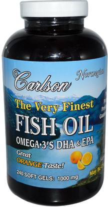 Carlson Labs, The Very Finest Fish Oil, Natural Orange Flavor, 1,000 mg, 240 Softgels ,المكملات الغذائية، إيفا أوميجا 3 6 9 (إيبا دا)، زيت السمك، سوفتغيلس زيت السمك
