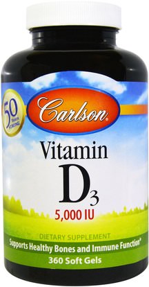 Carlson Labs, Vitamin D3, 5,000 IU, 360 Soft Gels ,الفيتامينات، فيتامين d3