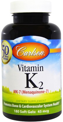 Carlson Labs, Vitamin K2 MK-7 (Menaquinone-7), 45 mcg, 180 Soft Gels ,الفيتامينات، فيتامين k
