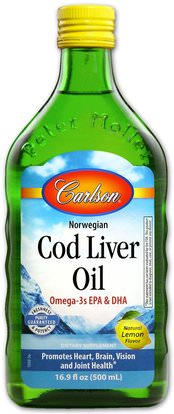 Carlson Labs, Wild Norwegian Cod Liver Oil, Natural Lemon, 16.9 fl oz (500 ml) ,المكملات الغذائية، إيفا أوميجا 3 6 9 (إيبا دا)، زيت السمك، زيت السمك السائل