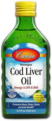 Carlson Labs, Wild Norwegian Cod Liver Oil, Natural Lemon Flavor, 8.4 fl oz (250 ml) ,المكملات الغذائية، إيفا أوميجا 3 6 9 (إيبا دا)، زيت السمك، كبد سمك القد كبد النفط