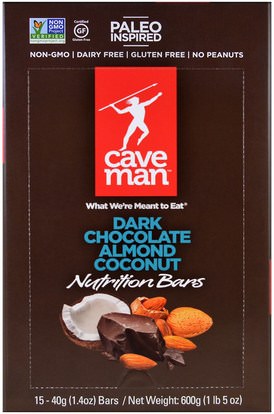 Caveman Foods, Nutrition Bars, Dark Chocolate Almond Coconut, 15 Bars, 1.4 oz (40 g) Each ,والمكملات الغذائية، والحانات الغذائية، والوجبات الخفيفة