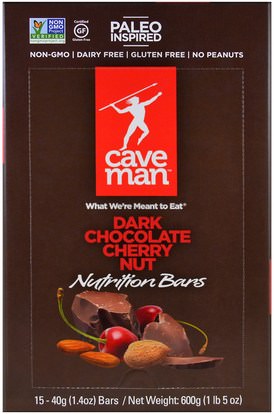 Caveman Foods, Nutrition Bars, Dark Chocolate Cherry Nut, 15 Bars, 1.4 oz (40 g) Each ,والمكملات الغذائية، والحانات الغذائية، والغذاء