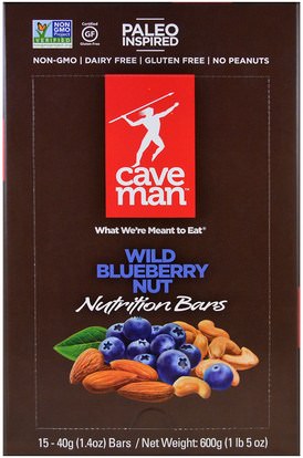 Caveman Foods, Nutrition Bars, Wild Blueberry Nut, 15 Bars, 1.4 oz (40 g) Each ,والمكملات الغذائية، والحانات الغذائية، والغذاء