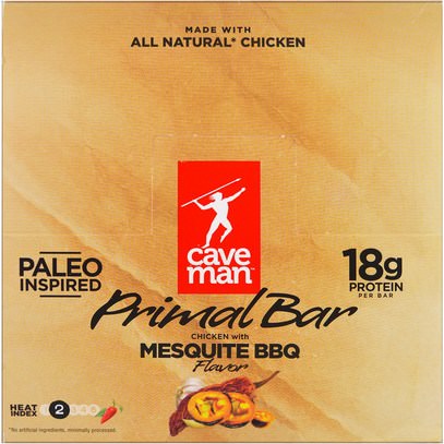 Caveman Foods, Primal Bar, Chicken with Mesquite BBQ Flavor, 12 Bars, 1.5 oz (42 g) Each ,والمكملات الغذائية، والحانات الغذائية، والغذاء