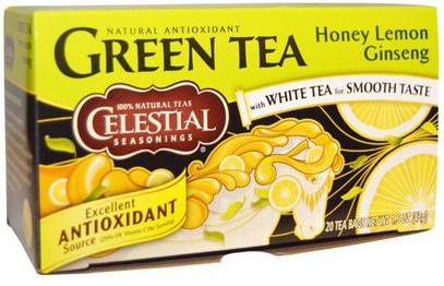 Celestial Seasonings, Green Tea, Honey Lemon Ginseng, 20 Tea Bags, 1.5 oz (42 g) ,التوابل السماوية، التوابل السماوية الشاي الأخضر، أدابتوغين