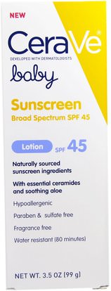 CeraVe, Baby, Sunscreen Lotion, SPF 45, 3.5 oz (99 g) ,حمام، الجمال، واقية من الشمس، سف 30-45، والأطفال والطفل واقية من الشمس