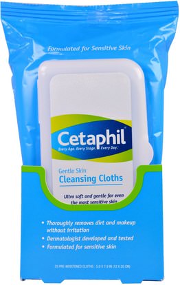 Cetaphil, Gentle Skin Cleansing Cloths, 25 Pre-Moistened Cloths, 5.0 x 7.9 (12 x 20 cm) ,الجمال، العناية بالوجه، مناديل الوجه