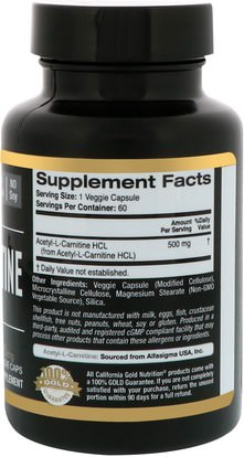 كغن الرياضة النقية، كغن الأحماض الأمينية، مكافحة الشيخوخة California Gold Nutrition, CGN, Sport, Acetyl-L-Carnitine, 500 mg, 60 Veggie Caps