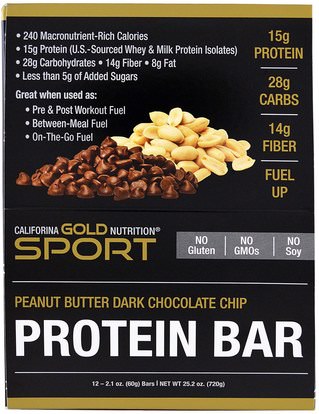 كغن الرياضة النقية، بروتينات كغن California Gold Nutrition, CGN, Protein Bars, Peanut Butter Chocolate Chip, Gluten Free, 12 Bars, 2.1 oz (60 g ) Each
