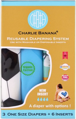 Charlie Banana, Reusable Diapering System, One Size Diapers, Boy, 3 Diapers + 6 Inserts ,صحة الطفل، ديابيرينغ