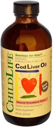 ChildLife, Cod Liver Oil, Natural Strawberry Flavor, 8 fl oz (237 ml) ,المكملات الغذائية، إيفا أوميجا 3 6 9 (إيبا دا)، زيت كبد سمك القد، كبد سمك القد كبد النفط
