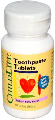 ChildLife, Essentials, Toothpaste Tablets, Natural Berry Flavor, 500 mg, 60 Tablets ,حمام، الجمال، معجون الأسنان، الطفل والاطفال المنتجات